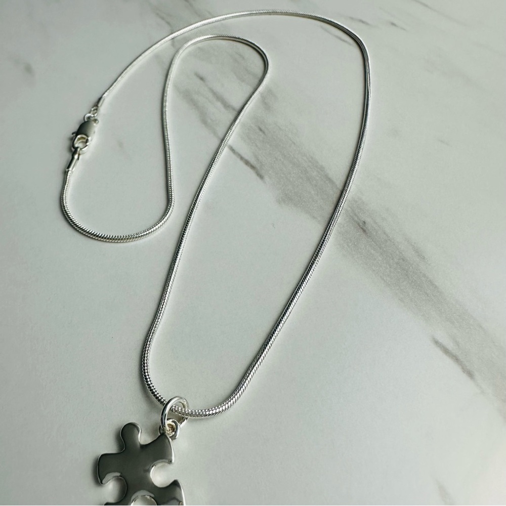 Silver-Plated Puzzle Piece Pendant Necklace | Snake Chain | NWOT - Picture 8 of 13